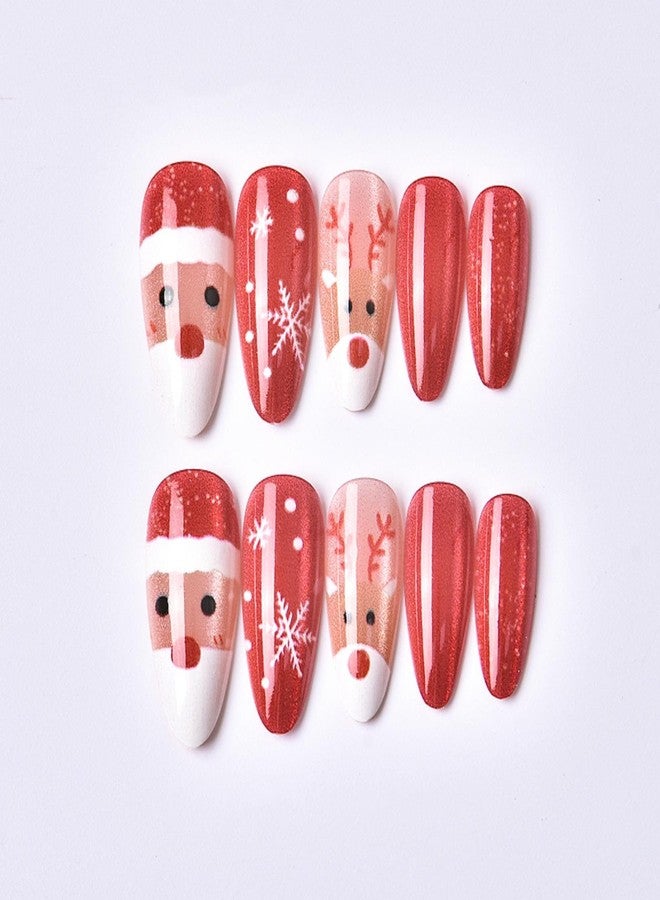 Sevgob 24Pcs Christmas Press on Nails Red Cat Eye Medium Almond Fake Nails with Santa Claus Design Elk Glue on Nail Snowflakes False Nail Press ons Reusable Christmas Nails for Women Girls Manicure - Image 1